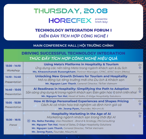 The session “Driving Successful Technology Integration” at HORECFEX VIETNAM 2026 will join experts to delve into how technology is changing operations, marketing, customer experience, and growth strategies of the Hotel - Tourism industry.